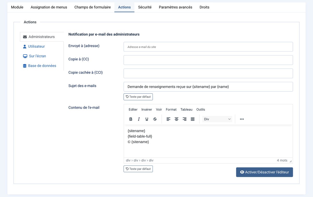 Onglet Actions : e-mail aux administrateurs, textes par défaut