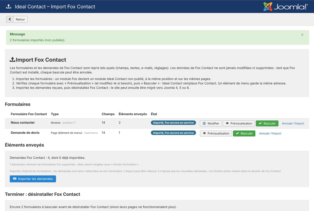 Formulaires Fox Contact importés dans Ideal Contact