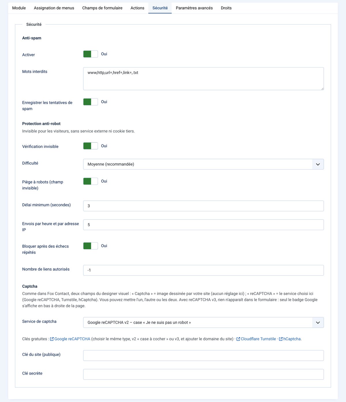 Onglet Sécurité : anti-spam invisible et captcha